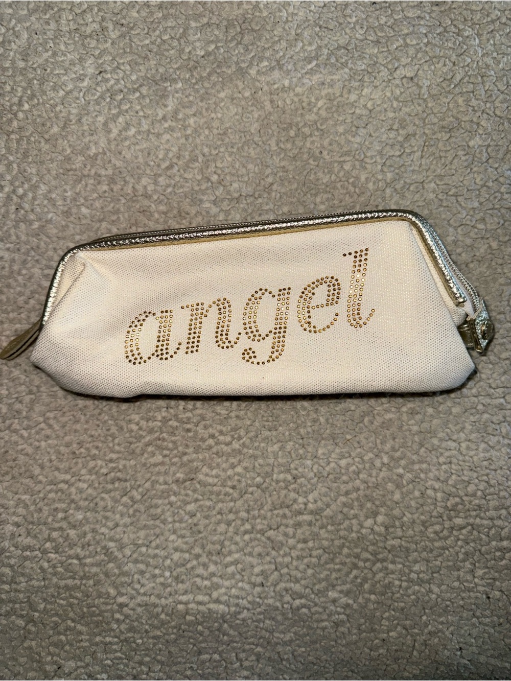 Victoria Secret "Angel" Rhinestone Accent Canvas Pouch - White with Gold Trim
